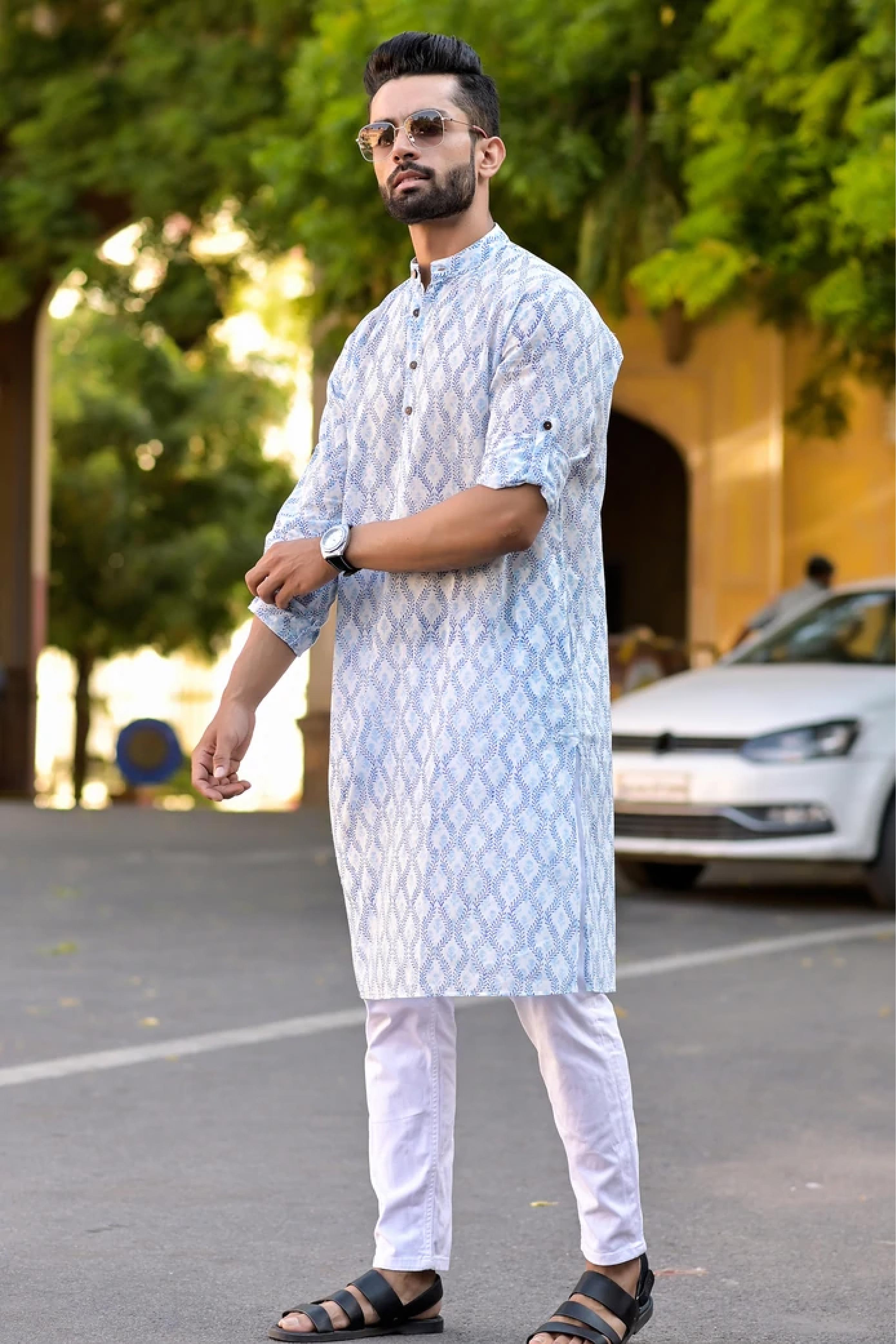 Kurta Long Mens Leaf Jaal Blue