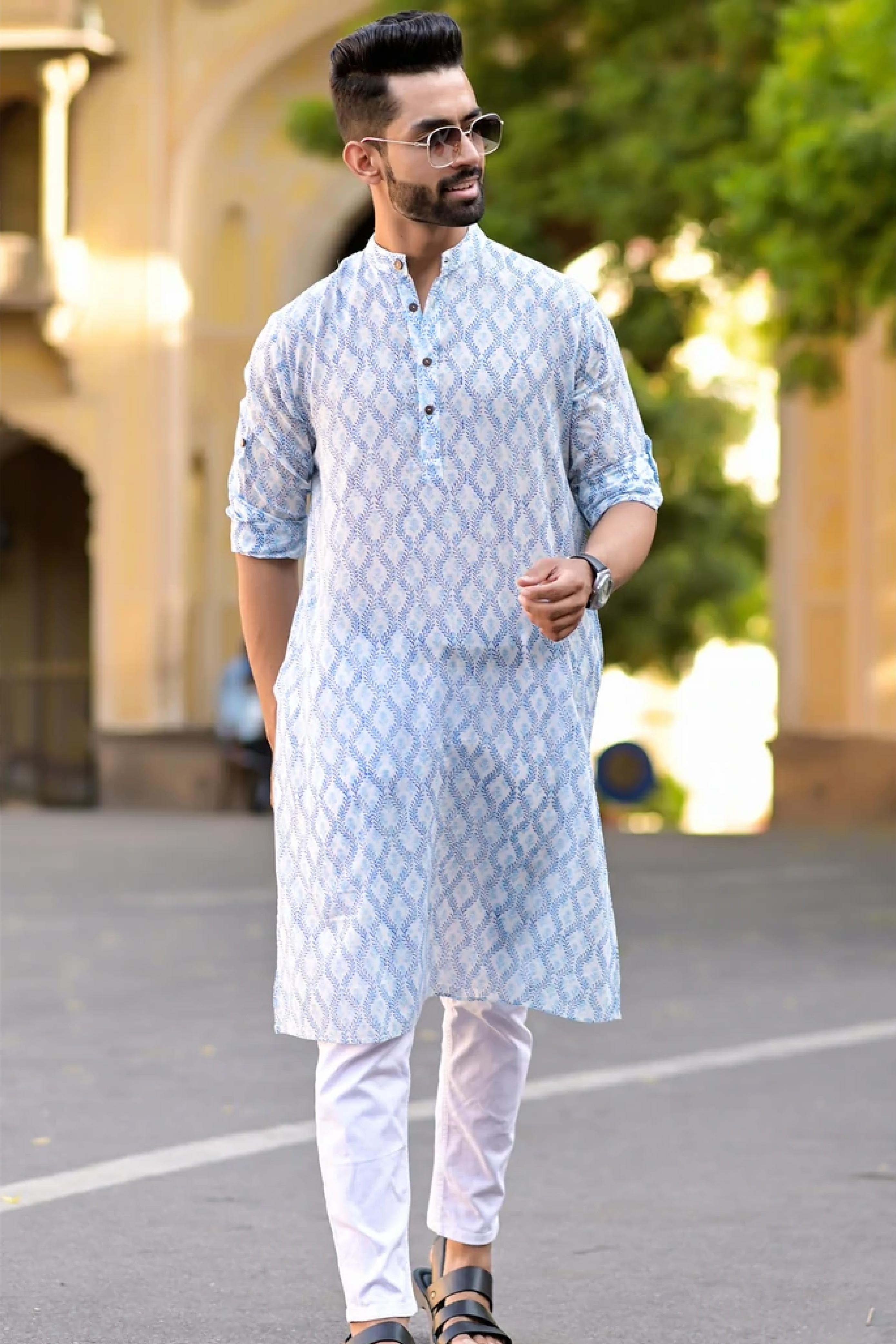 Kurta Long Mens Leaf Jaal Blue