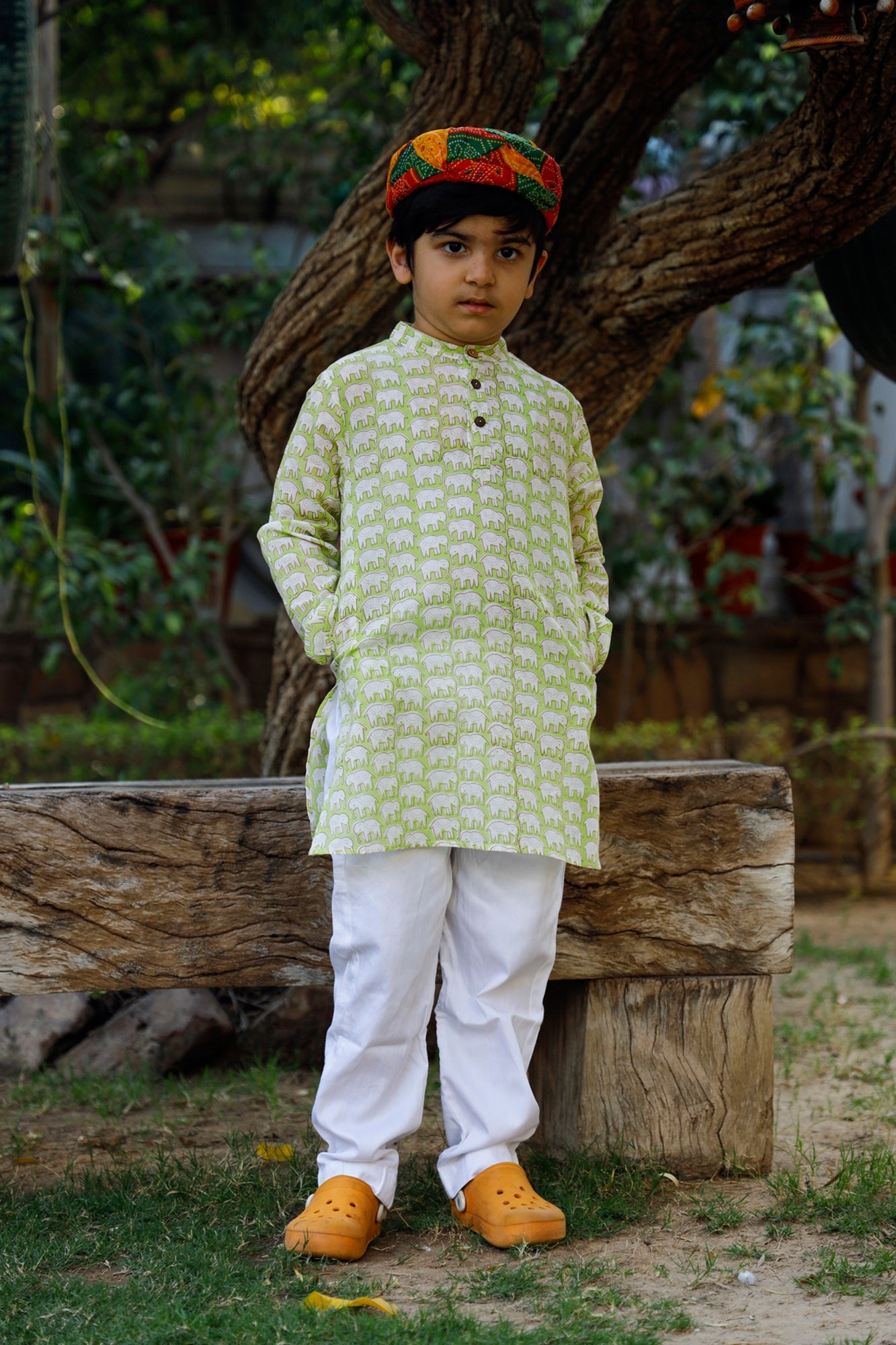 Boy Elephant Green Kurta