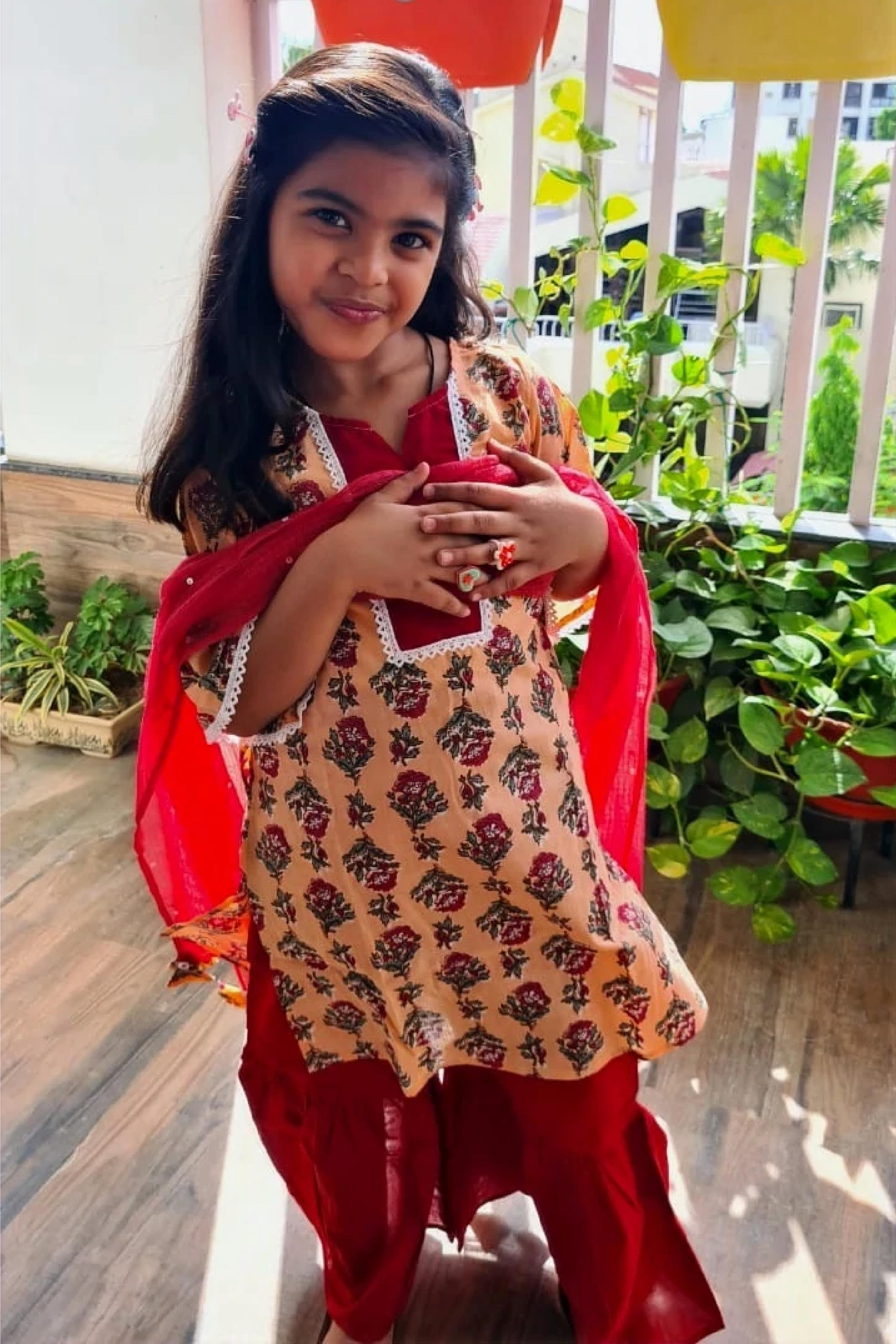 Girls Peach Printed Suit Set