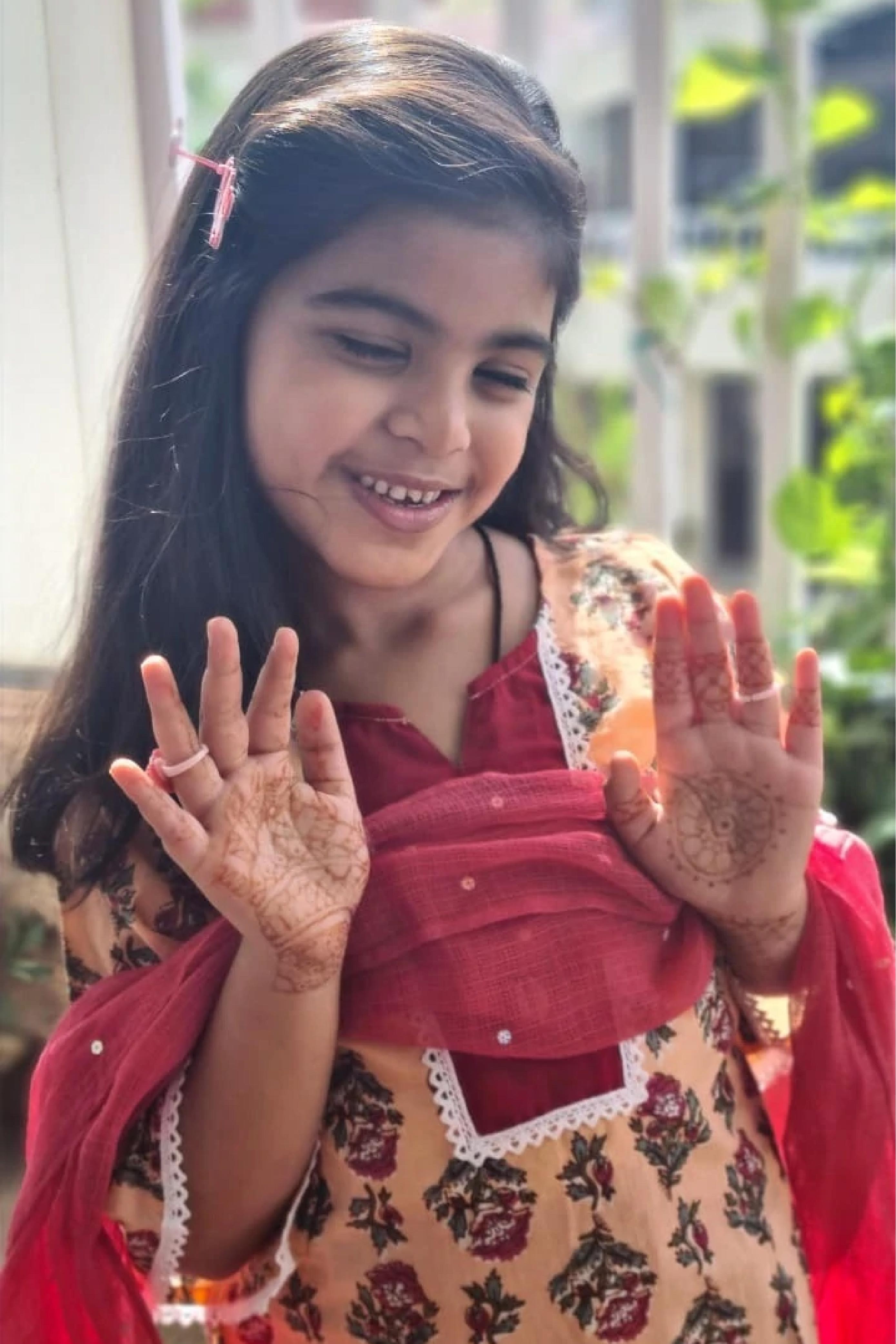 Girls Peach Printed Suit Set