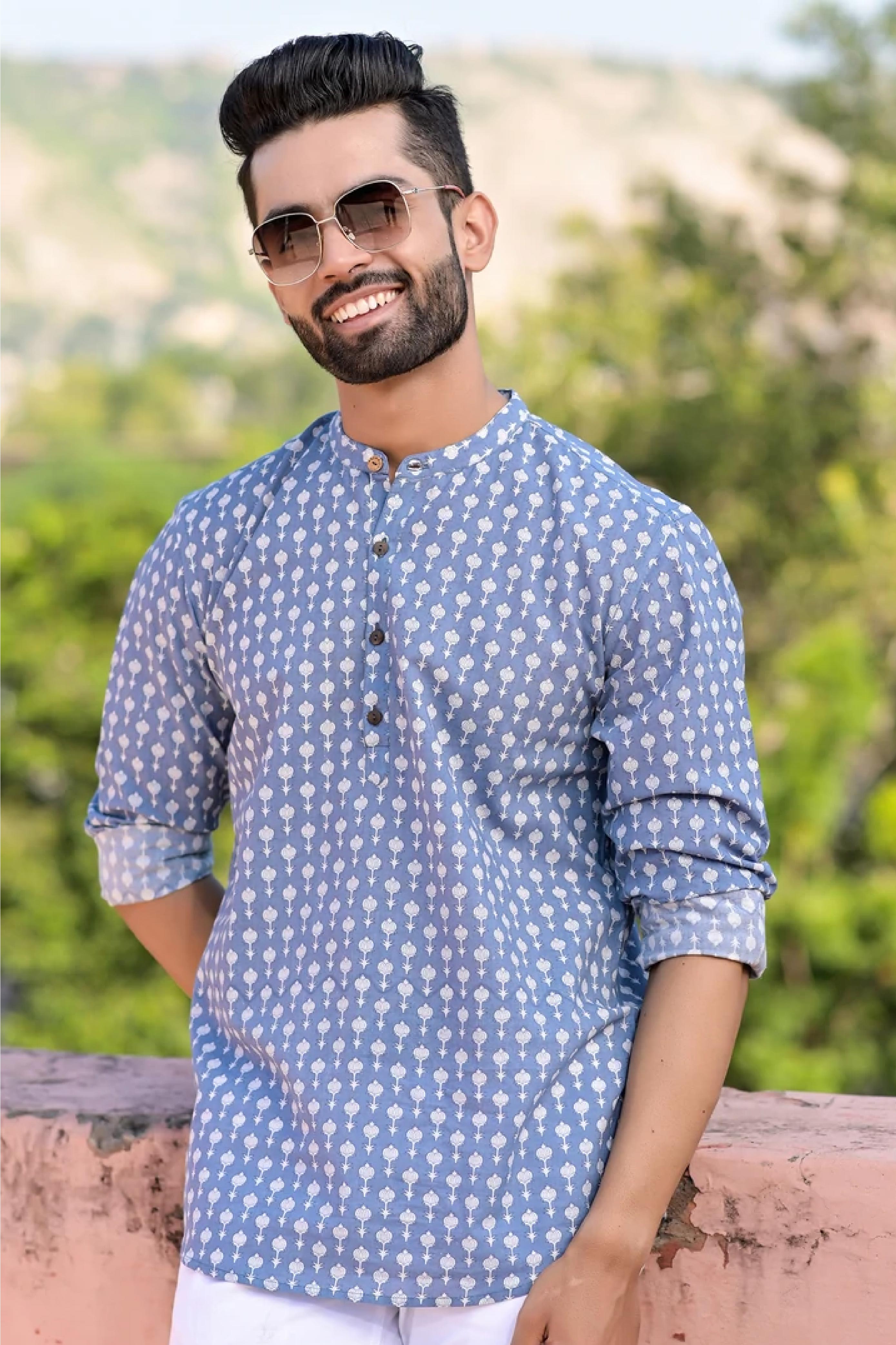 Kurta Short Block Motif Sky Blue