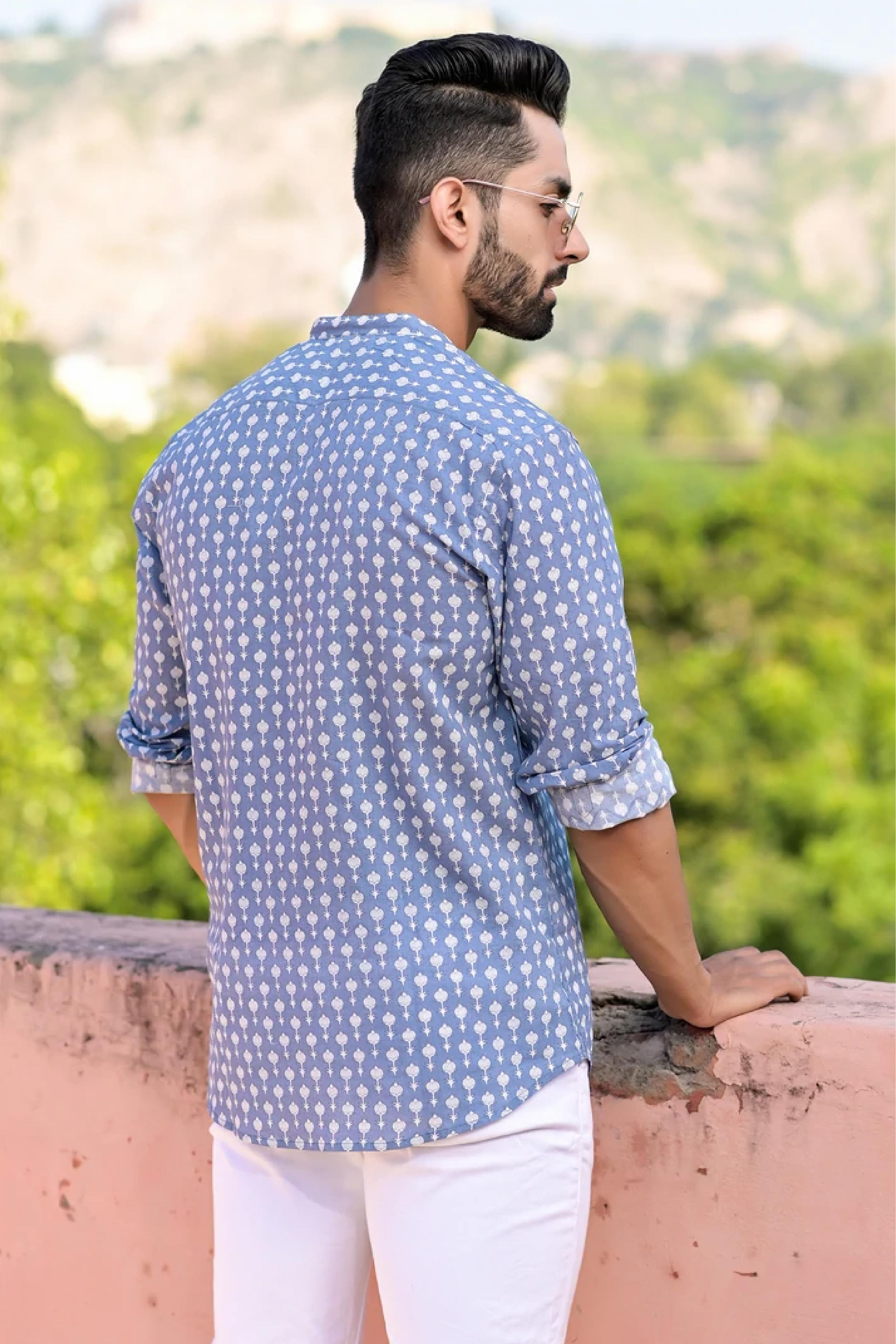 Kurta Short Mens Block Motif Blue