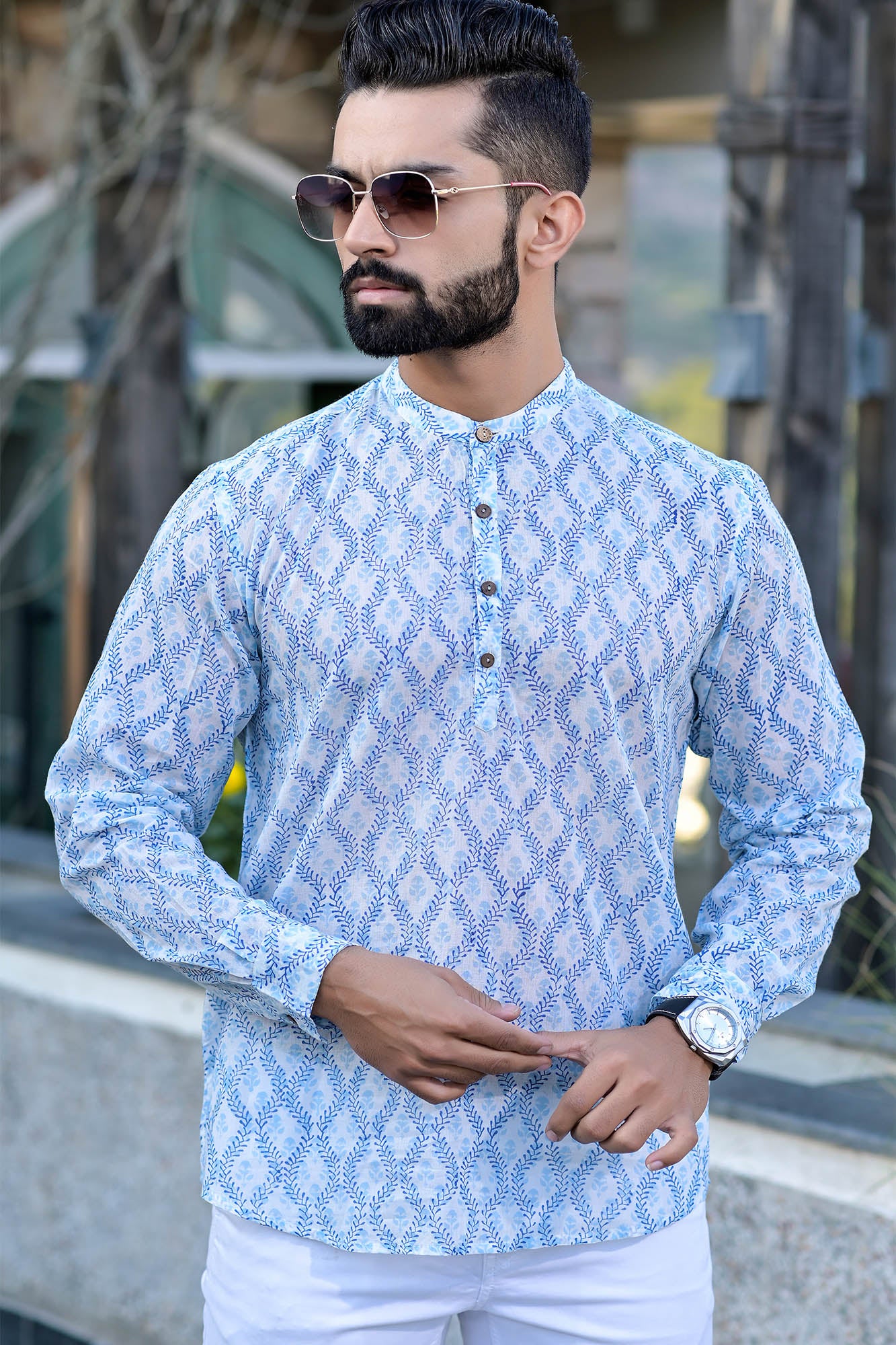 Kurta Short Mens Floral Vine  Blue