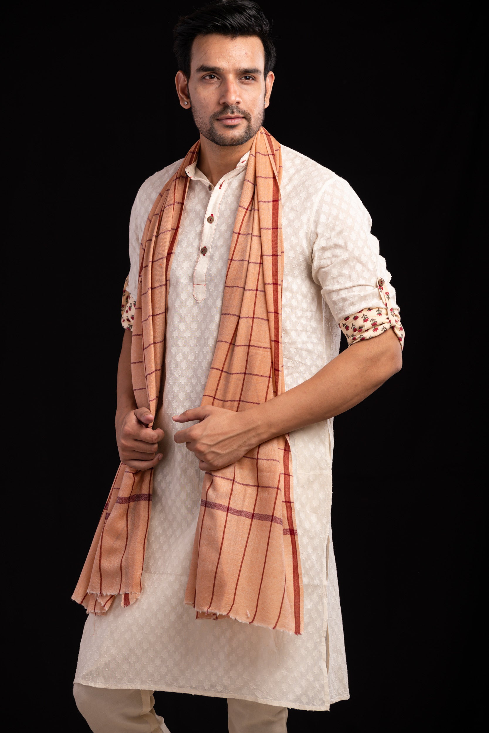 Men Peach Check Pashmina Stole