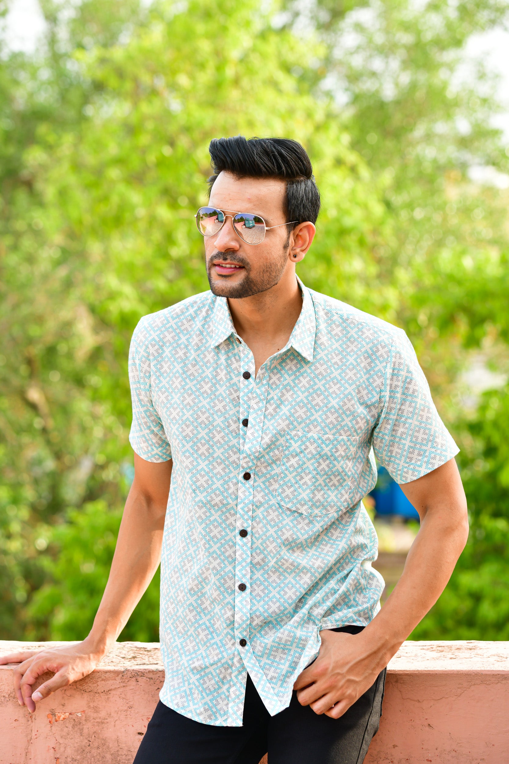 Men Geometric Ice Blue - Half Sleeves