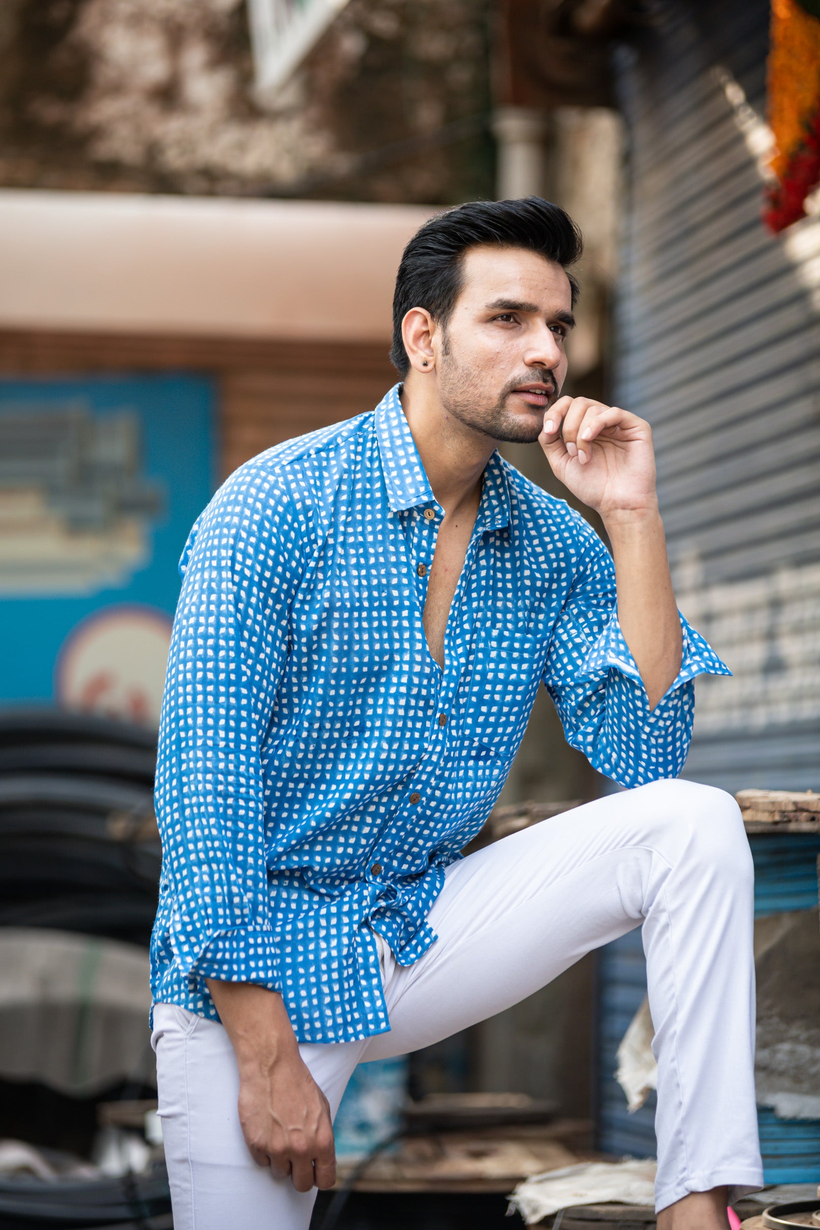 Men Blue Diamond Full Sleeves Shirt