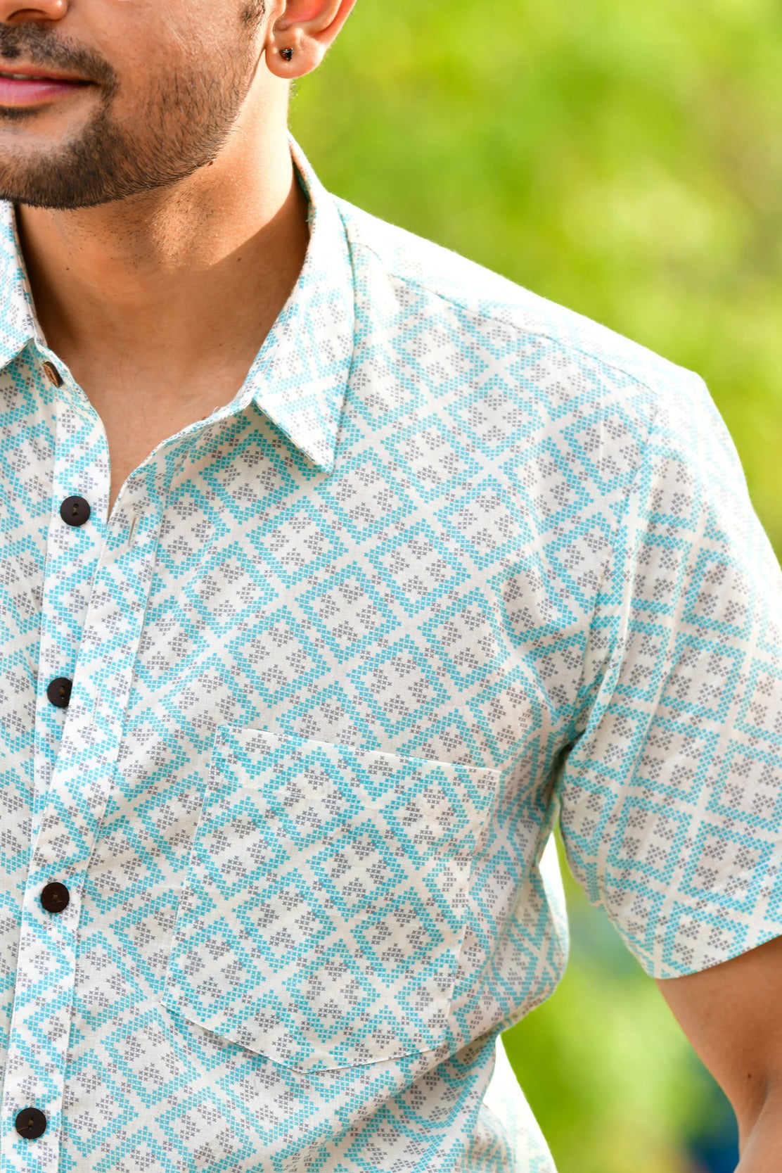 Men Geometric Ice Blue - Half Sleeves