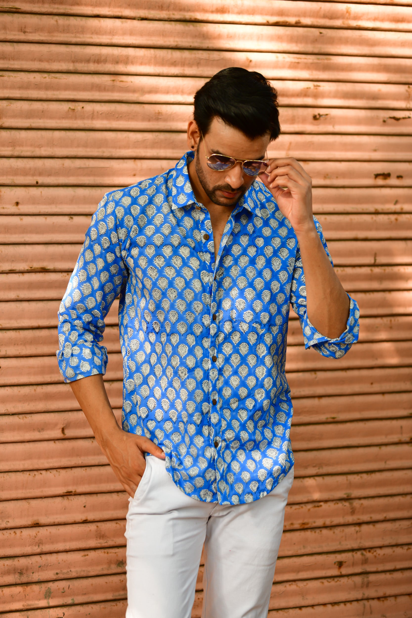 Men Blue Buti Full Sleeves Shirt