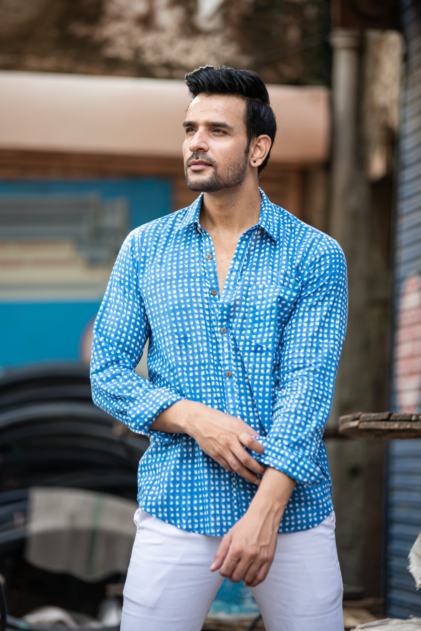 Men Blue Diamond Full Sleeves Shirt